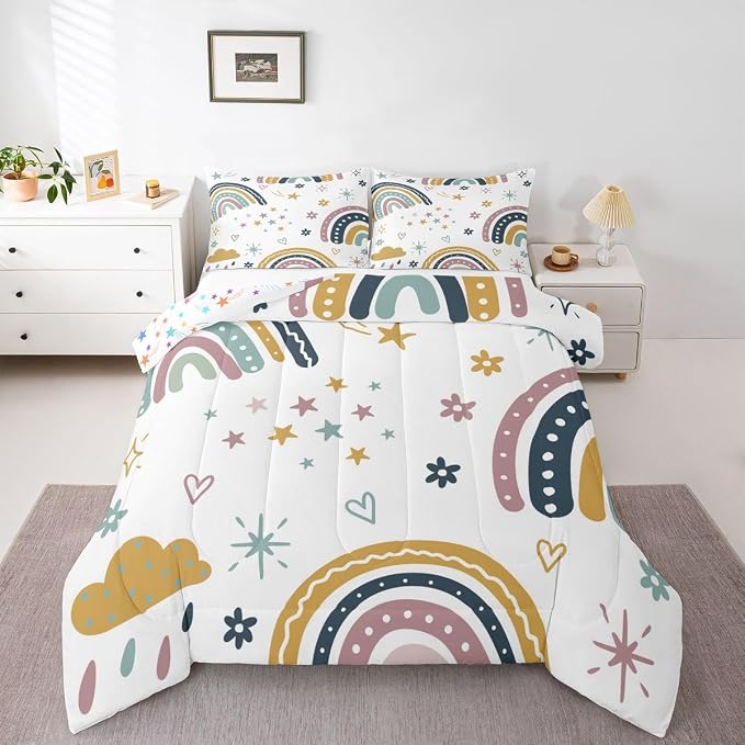 Girls Rainbow Comforter Set Twin Size, Kawaii Decor Bedding Set For Kids Boys Children Teens Bedroom Decor, Iridescent Sun Duvet Insert Hand Drawn Rainbow Down Comforter All-Season Quilt, Colorful by Erosebridal