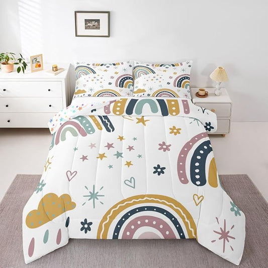 Girls Rainbow Comforter Set King Size, Kawaii Decor Bedding Set For Kids Boys Children Teens Bedroom Decor, Iridescent Sun Duvet Insert Hand Drawn Rainbow Down Comforter All-Season Quilt, Colorful by Erosebridal
