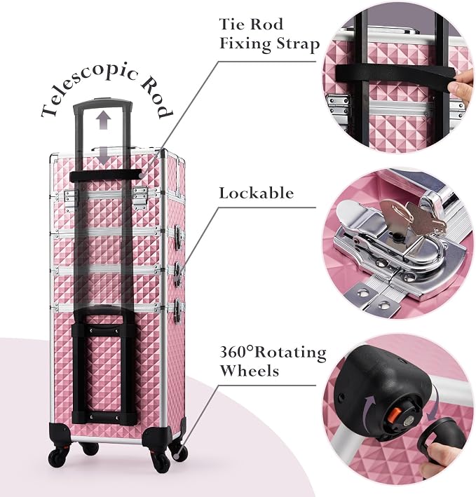 Faquenc Professional 4 in 1 Rolling Makeup Train Case with Wheels Cosmetic Trolley and Cosmetology Cart Trunk for Makeup Artists Hairstylists Nail Techs and Salons Large Capacity Pink - Image 5
