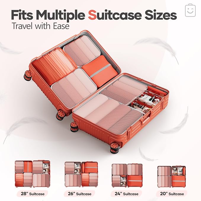 Veken 9/11 Set Compression Packing Cubes for Travel Essentials,Compressible Expandable Luggage Suitcase Organizer Bags with Garment Bag,Space Saver Bags with Over 1000 pcs of Mesh Holes(Orange) - Image 8