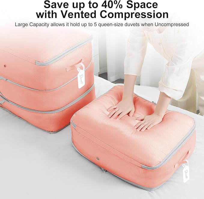 Comforter Storage Bag - Large Capacity Blanket Storage Bags 3-Layer Ultra Space Saving Self Compression Organizer, Washable Compression Bags for Storage Comforter Blanket, 6-Pack, Pink - Image 3