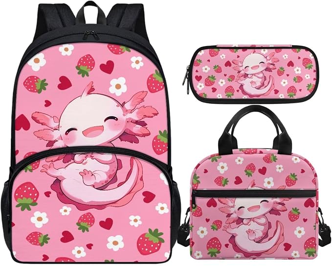 Axolotl Backpack for Girls 17Inch School Bag Set | Girls Schoolbag Strawberry Backpack Set with Lunch Box and Pencil Pouch 17 Inch Laptop Bag Casual Daypack, 3Pcs by Vanideaoty