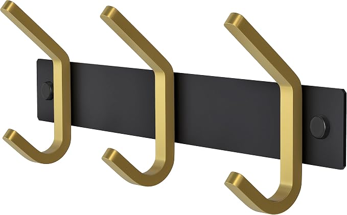 Small Coat Rack Wall Mount – Black and Gold Hook Rail with 3 Double Coat Hooks, 9 Inch Stainless Steel Wall Hooks for Entryway, Bathroom, Bedroom, Closet, Towel, Hat, Bag, Heavy Duty Organizer by SAYONEYES