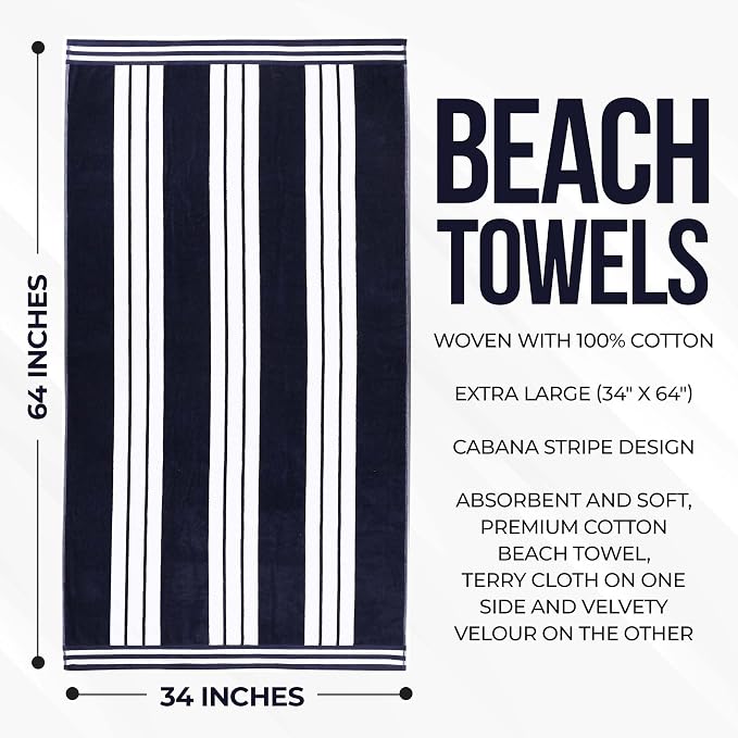 Superior Oversized Cotton Beach Towel Set of 2, Absorbent Towels for Bathroom, Pool, Swim, Adults, Kids, Vacation, Travel, Bath Sheet, Quick Dry Basics, Trip Essentials, Striped Decor, Blue - Image 5