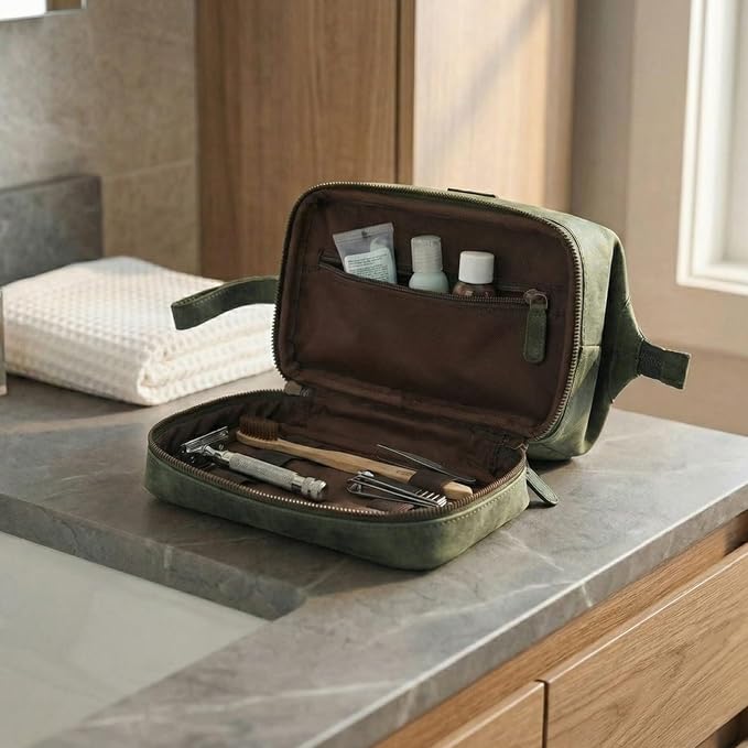 LEATHER VILLAGE Genuine Leather Dopp Kit – Large Travel Toiletry Bag with Waterproof Lining, Dual-Zip Design for Men & Women, Organizer for Shaving, Makeup & Essentials - Olive - Image 6