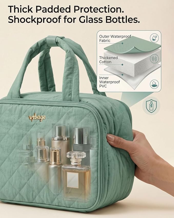 VPBAGE Large Quilted Toiletry Bag for Women, Puffy Travel Makeup Organizer with Removable Divider & Shoulder Strap, Waterproof Standing Cosmetic Case for Full-Size Toiletries, Gym, Vacation - Image 5