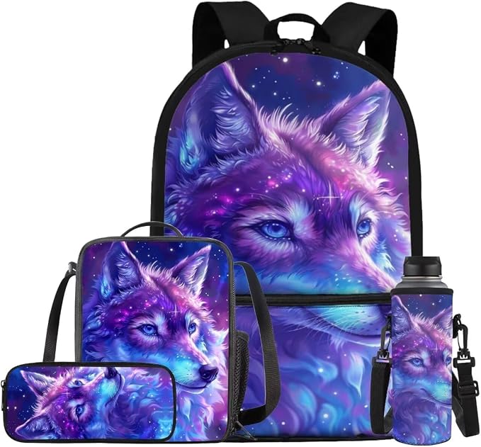 Galaxy Wolf Backpack for Girls Boys Backpack with Lunch Box Water Bottle Carrier with Strap and Big Pencil Case 4PCS Bookbag with Front Pocket for School 17 inch Sturdy School Bag for Kids by ELEDIZI
