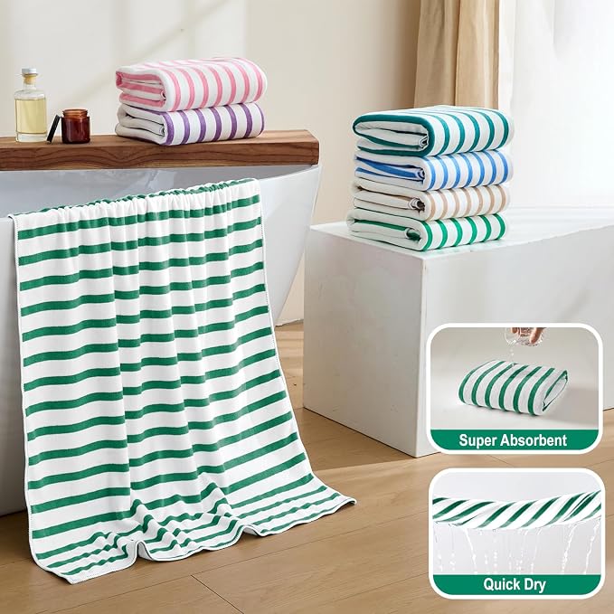 JML Microfiber Beach Towels, 6 Pack, 27" x 55", Large Bath Towel Set for Adult- Cabana Stripe - Absorbent, Quick Drying Lint-Free, No Fading for Summer Party, Pool, Sport, Yoga, Swimming, Green - Image 4