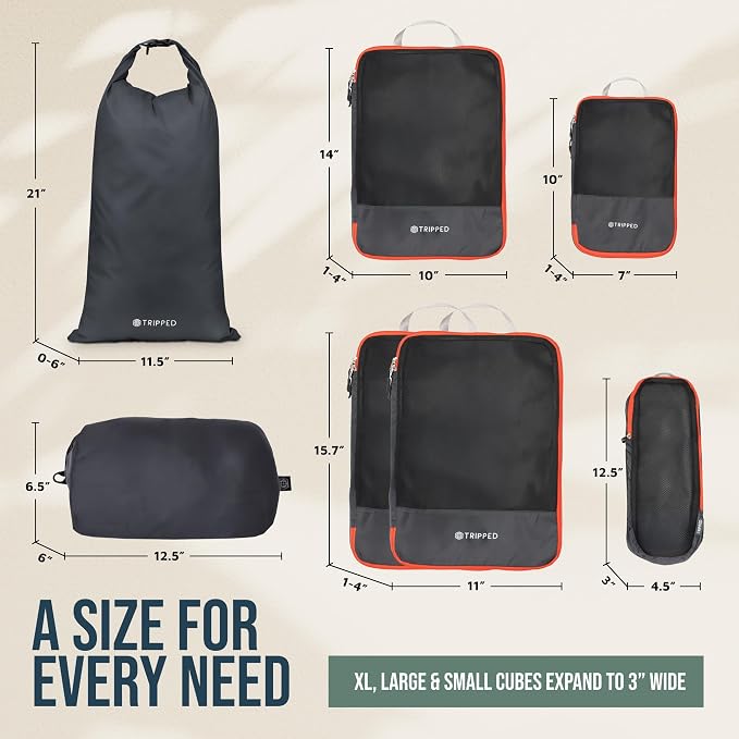 Large Compression Packing Cubes for Travel-Packing Cube Luggage Organizers 7 Piece Set for Checked Luggage-Ultralight, Expandable/Compression Bags by TRIPPED Travel Gear (Grey and Orange Mesh) - Image 4