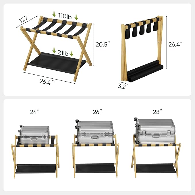 Smart FENDEE 2 Pack Luggage Rack, Folding Luggage Rack for Guest Room, Bamboo Suitcase Stand Holds up to 131 lb, Luggage Stand with Storage Shelf for Hotel, Bedroom - Image 4
