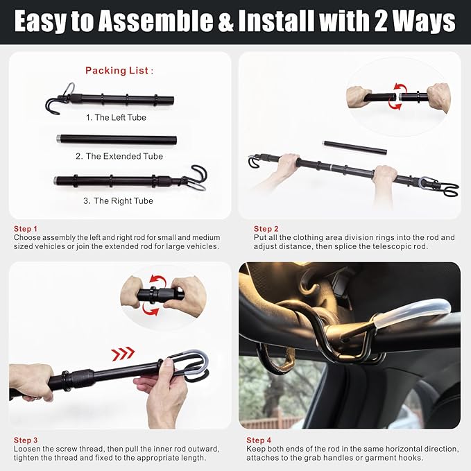 Heavy Duty Telescopic Car Clothes Hanger Bar - Adjustable 30''-66'' Garment Rack Travel Closet Hanging Rod for Vehicle Truck SUV RVs Extendable Metal Pole for Automobile Clothing Organizers & Storage - Image 5