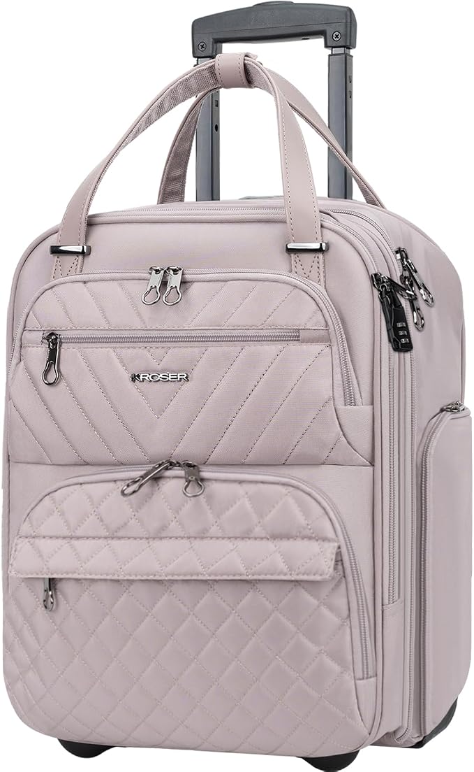 KROSER Carry On Underseat Multi-functional, 16-inch Underseater Lightweight Overnight Suitcase for Women, Dusty Pink by KROSER