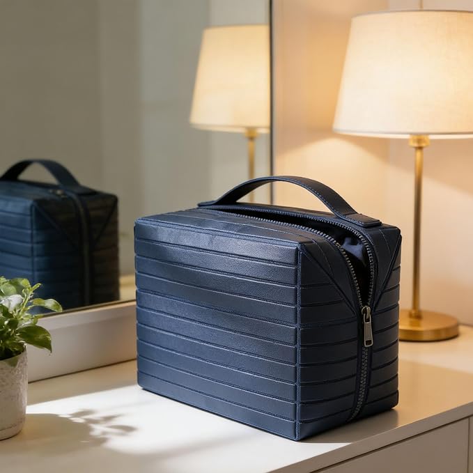 Travel Makeup Bag, Large Capacity Fold Down Cosmetic Bag for Women, Waterproof PU Leather, Pull Open Toiletry Bag with Compartments, for Skincare, Brushes & Travel Essentials (Navy Blue) - Image 8