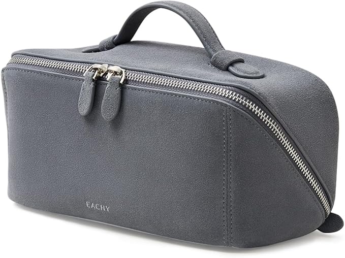 EACHY Leather Makeup Bag, Portable 180° Wide-Open Flat Cosmetic Bag for Women, Large Capacity Make Up Organizer Makeup Pouch with Divider and Handle by EACHY