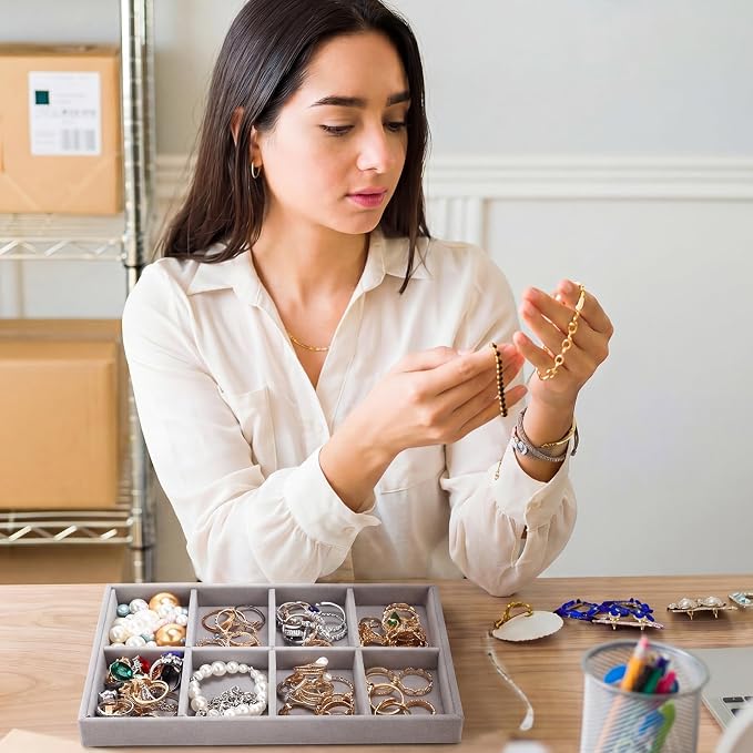 Tondiamo 16 Pcs Velvet Jewelry Drawer Organizer Trays Bulk 8.39 x 4.88 x 0.94 Inch Grey Stackable Jewelry Storage Inserts Set Tray Set with Removable Divider for Earrings Necklaces Bracelets - Image 5