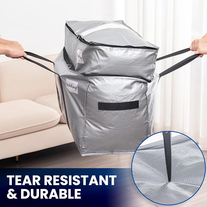 TAILI 2 Tier Extra Large Moving Bags, 2 Pack Silver Heavy Duty Totes For Storage with Visible Window, Wrap Around Handles, Storage Bags for Space Saving, Alternative to Moving Boxes - Image 5