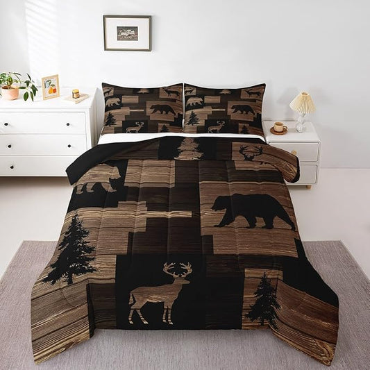 Erosebridal Rustic Bear Comforter Sets for Teens Youth,Lodge Elk Moose Bedding Set Full,Cabin Hunting Animal Buffalo Plaid Check Quilt,Vintage Wooden Farmhouse Down Comforter with 2 Pillowcases by Erosebridal