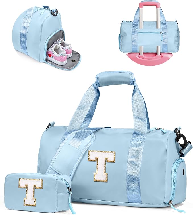 Tween Girls Trendy Stuff-Girl Gym Bag with Shoe Compartment, Kid Personalized Weekender Overnight Bags, Initial Travel Tote with Makeup Pouch, Gift for 3 4 5 6 7 Year Old Kids (Letter T) by Vogewood