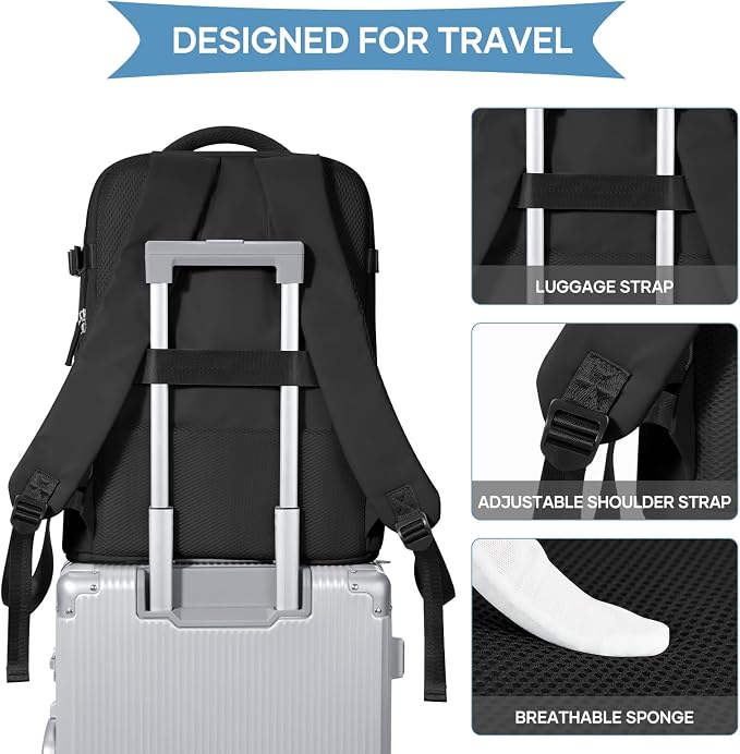 coowoz Travel Backpack For Women Men,Carry On Backpack Flight Approved,Hiking Backpack Water-Resistant Outdoor Sports Rucksack Casual Daypack Fit 15.6 Inch Laptop Shoes Compartment (Black) - Image 6