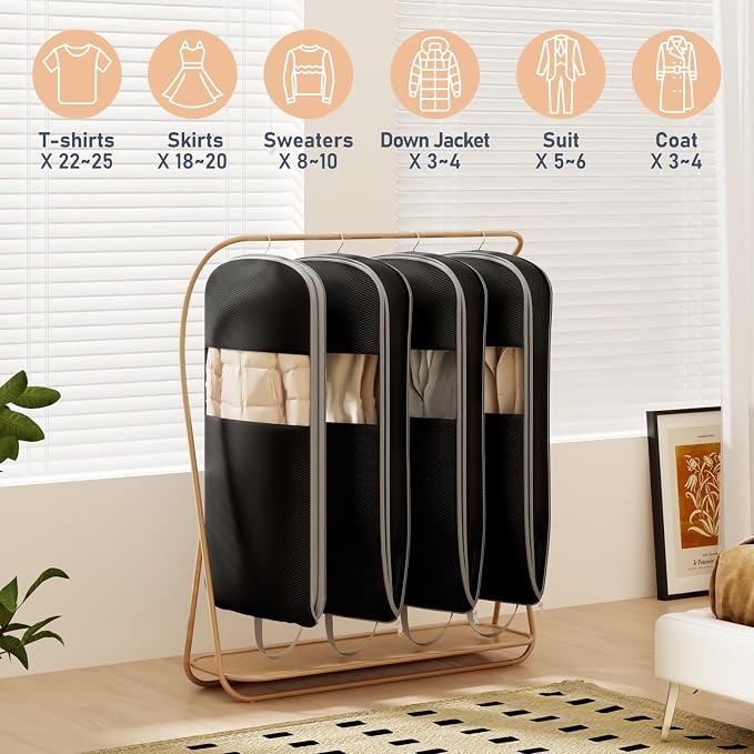 DIMJ 4 Pack 54" Garment Bags for Hanging Clothes - Space Saving Compression Suit Bag Travel with Handles Window, Washable Carry Clothing Storage Cover for Dress, Coats, Down Jacket, Shirts - Image 6