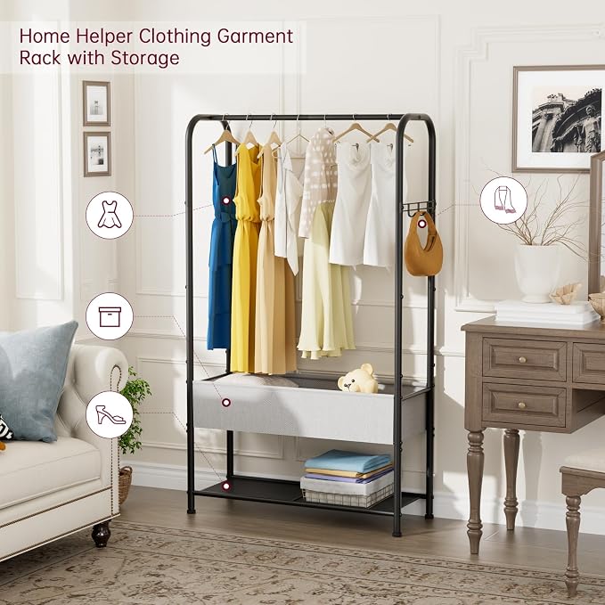 SINGAYE Wardrobe Standing Closet Clothing Rack With Shelf Hanging Clothes | Wardrobe Open Compact Small Metal Garment Hanger Stand Alone Free Standing Black Closet Rack Storage Organizer Heavy Duty - Image 8