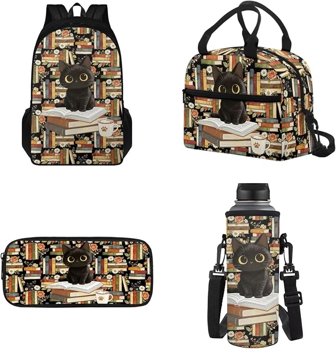 Kids Cat Books Bagpack Set with Leakproof Lunch Bag Pencil Pouch Water Bottle Organizer, Double Zipper Large Capacity Travel Book Bag Rucksack for Girls by Tomeusey