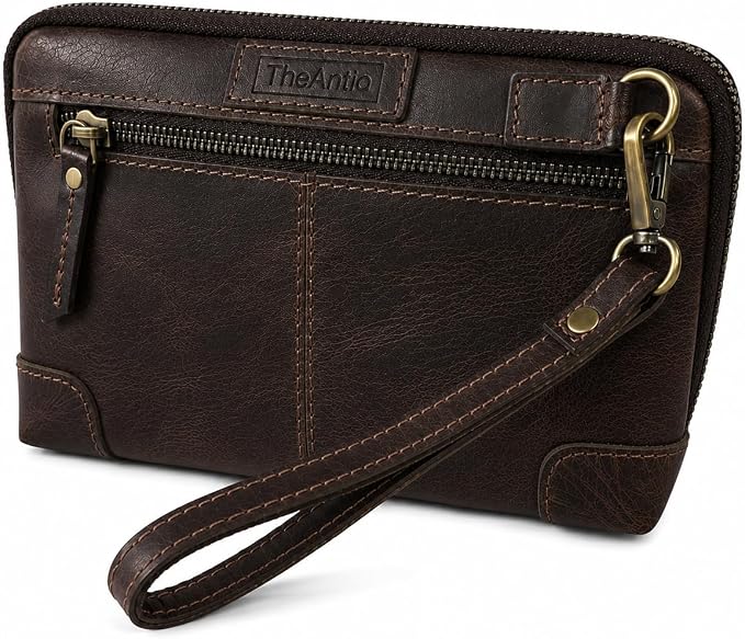 Genuine Leather Makeup Bag Travel Organizer, Premium Handcrafted Cosmetic Pouch with Zipper & Wrist Strap, Durable Toiletry Storage for Women & Men, 5 x 9- Brown by TheAntiq
