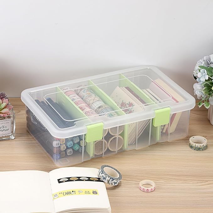 BTSKY Clear Plastic Dividing Storage Box with 4 Compartments Adjustable Storage Bin with Lid Plastic Craft Storage Container Multipurpose Sewing Box Art Supply Organizer, 13.3x8.1x3.4 Inches, Green - Image 2