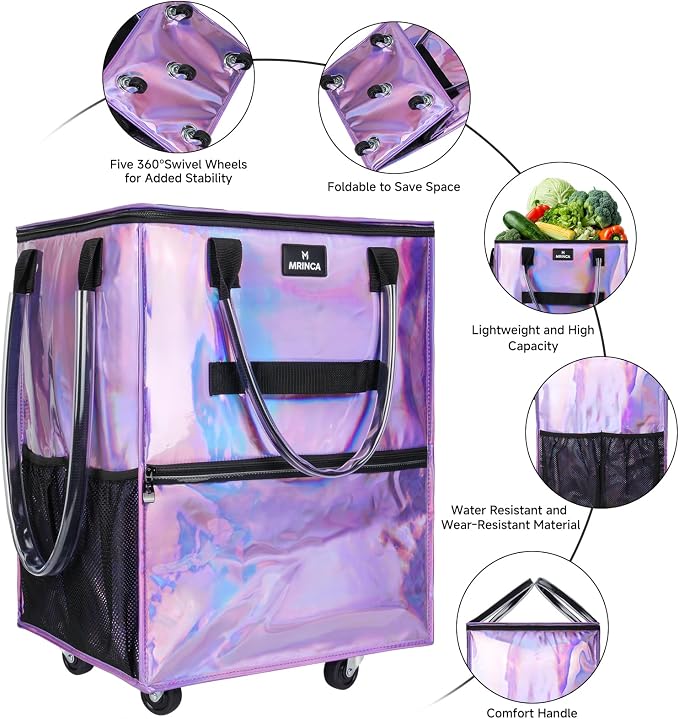 Large Reusable Grocery Bag On 5 Wheels, 130L Foldable Rolling Tote Bag, Heavy Duty Shopping Cart with Multiple Pockets, Rolling Grocery Bag, Zipper Closure & Handles for Shopping Travel, Purple - Image 5