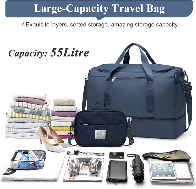 Extra Large Travel Duffle Bag,Carry on Overnight Bag with Shoes Compartment,Weekender Bags for Women for Travel Business Trips Sport Hospital,3 Pcs Set,Dark Blue - Image 3