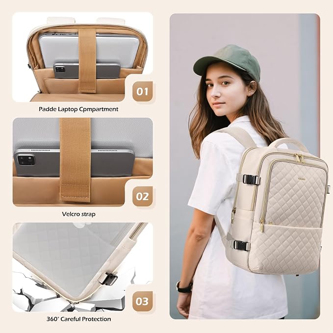 MDODO Travel Backpack for Women Men - Large Carry on Backpack fits 15.6" Laptop Lightweight Travel Bag Daypack Waterproof Causal Bookbag Backpack for College,Work,36L, Beige - Image 4