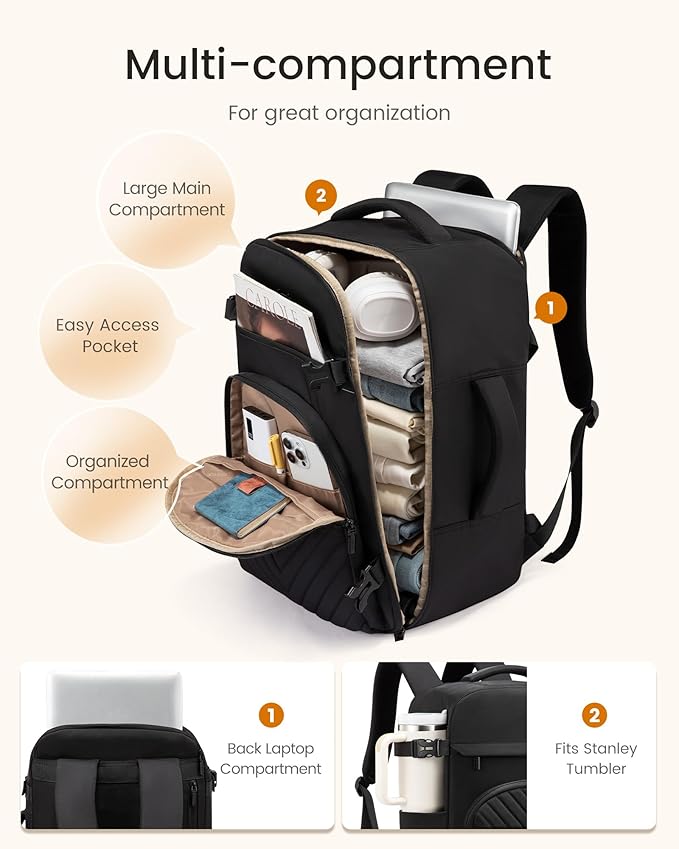 LOVEVOOK 50L Travel Backpack for Women Men, TSA Personal Item Travel Bag Fits 17.3inch Laptop, Waterproof Airline Approved Carry On Luggage With 2 Cubes for Weekender Hiking Business, Black - Image 3
