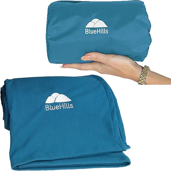 BlueHills Premium Ultra Compact Travel Blanket Pillow Airplane Peacock Teal | 2 in 1 Travel Pillow/Blanket, 70 X 56 Long, Luggage Strap & Backpack Clip, Packable & Lightweight for Airplane, Portable Case by BlueHills