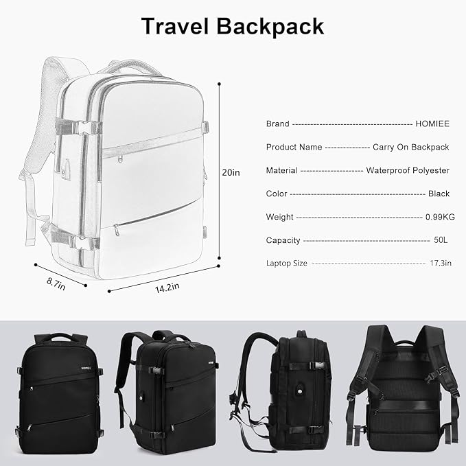 HOMIEE 50L Travel Backpack Large Suitcase Water Resistant Luggage Daypack | Carry on Backpack for Men Women Fits 17.3 Inch Laptop - Image 7