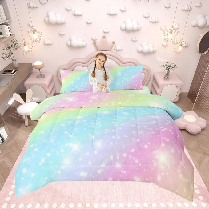 Erosebridal Rainbow Bedding Set for Kids Girls Teens Women Tie Dye Pastel Comforter Set Twin Size Golden Stars Glitter Bedding Comforter Set Watercolor Art Girly Quilt Set Sweet Bedroom Decor 2 Piece - Image 2