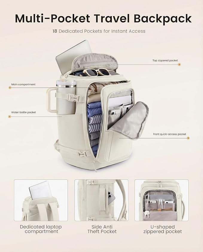 LOVEVOOK Travel Backpack for Women & Men, 40L TSA Approved Carry On Backpack with 3 Packing Cubes, Waterproof Weekender Overnight Bag for 2-4 Day Trips, Business & Travel Essentials, Beige Gray - Image 5