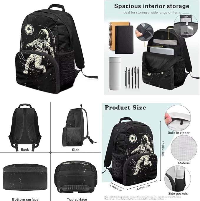 Soccer Astronaut Toddler Backpack and Lunch Box Set for Boys 6-11 Kids Preschool Elementary School 4pcs Cool Pencil Case Water Bottle Bag 17 inch Gifts Lightweight - Image 6