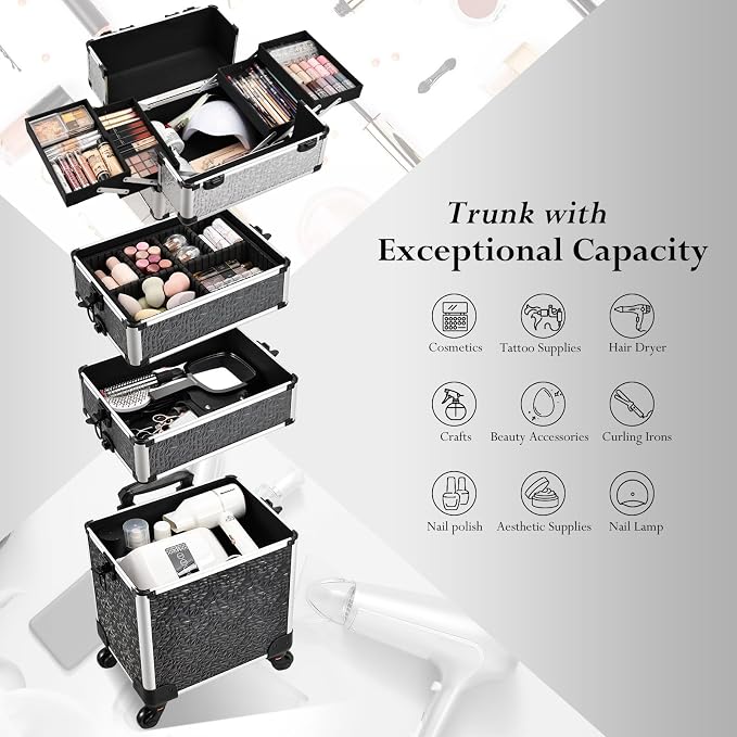 Stagiant Rolling Makeup Train Case Cosmetology Case on Wheels 4 in 1 Large Cosmetic Case with Wheels Makeup Travel Case with Keys Nail Kits Organizer Artist Salon Storage Traveling Cart Trunk Tricolor - Image 3