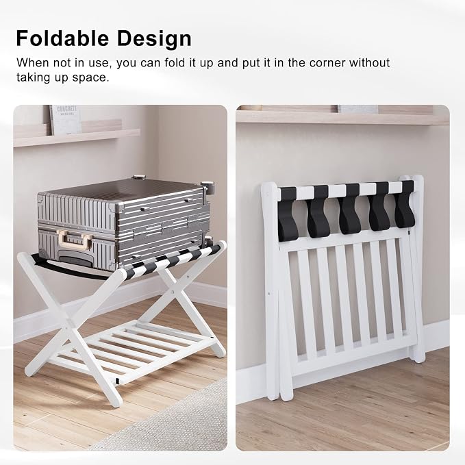 Smuxee Fully Assembled White Luggage Rack, Upgraded Bamboo Foldable Suitcase Stand with 5 Nylon Straps, Luggage Holder with Shelf for Guest Room Bedroom Hotel (White Luggage Rack 1pcs) - Image 4