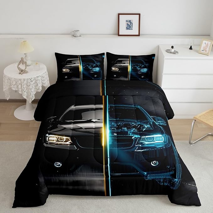 Erosebridal Kids Race Car Comforter Set Queen Size for Child Girls Boys Speed Sports Car Bedding Set, Teens Youth Extreme Sport Bedding Comforters Automobile Duvet Sets Bedroom Decor, Blue Black - Image 2