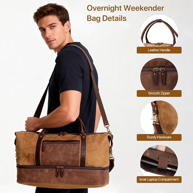 Waxed Canvas Duffel Bag with Shoe Compartment | 3-Piece Oversized Weekender Set Genuine Leather Trim Vintage Travel Carry-On Overnight Bag - Image 4