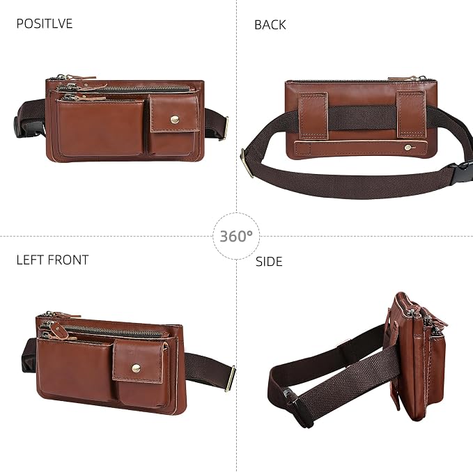 Water Resistant Canvas + Leather Hiking Riding Travel Fanny Waist Pack Small Phone Pouch For Men Women FB811-29 (100% Leather-C-Wine) - Image 4