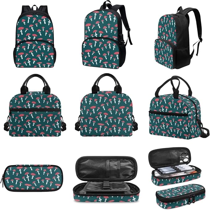 Green Mushroom Backpack with Lunch Box and Pencil Case Girls Comfy Padded Cute School Backpack Set of 3 Bookbag for Student Lightweight Large Capacity Daypack - Image 3
