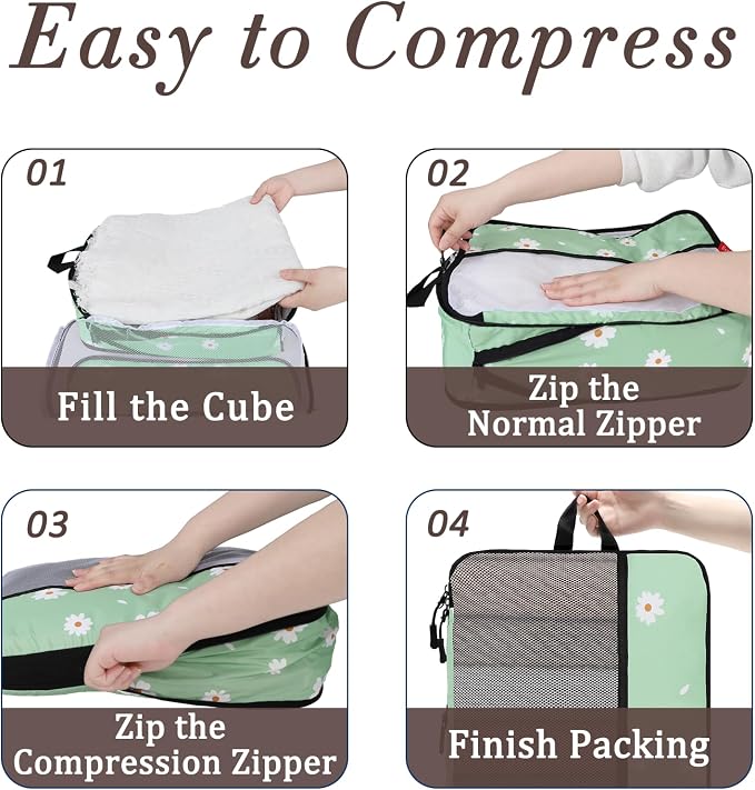 U+U 6 Set Compression Packing Cubes - Ultralight Travel Organizers with Laundry Bag, Space-Saving Suitcase Organizer, Expandable Packing Cubes for Travel, Business Trip and Family Vacation (Daisy) - Image 4