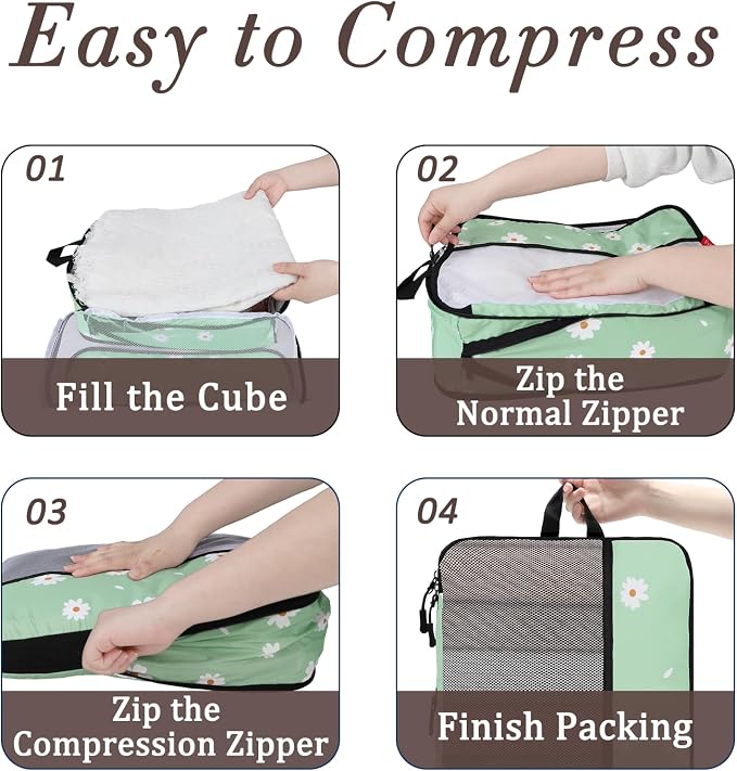 U+U 6 Set Compression Packing Cubes - Ultralight Travel Organizers with Laundry Bag, Space-Saving Suitcase Organizer, Expandable Packing Cubes for Travel, Business Trip and Family Vacation (Daisy) - Image 4