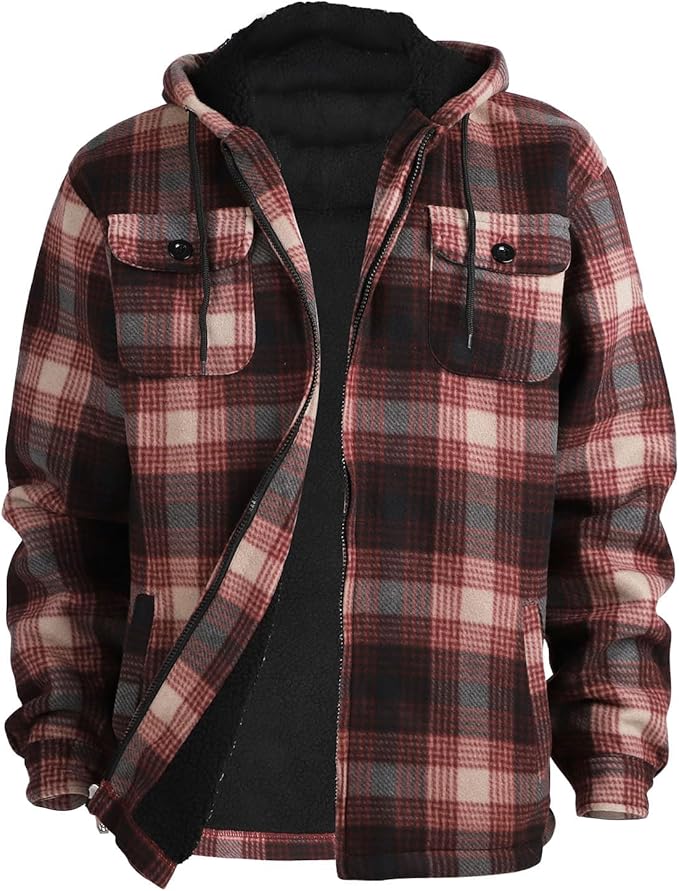 Facitisu Hoodies for Men Sherpa Lined Heavyweight Flannel Jackets Fleece Plaid Winter Warm Coats