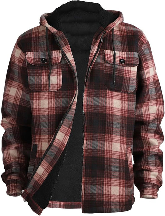 Facitisu Hoodies for Men Sherpa Lined Heavyweight Flannel Jackets Fleece Plaid Winter Warm Coats