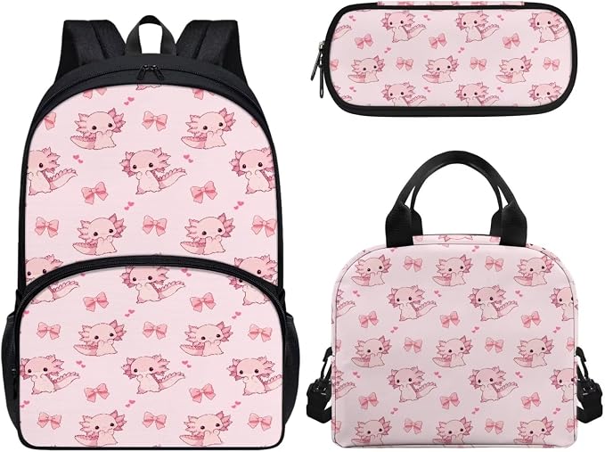 3Pcs Axolotl Bow Backpacks Set for school, Kids Bookbag Students Knapsack with Insulated Lunch Box Pencil Case for Teens Girls by CndexdWearfunPrintjoy