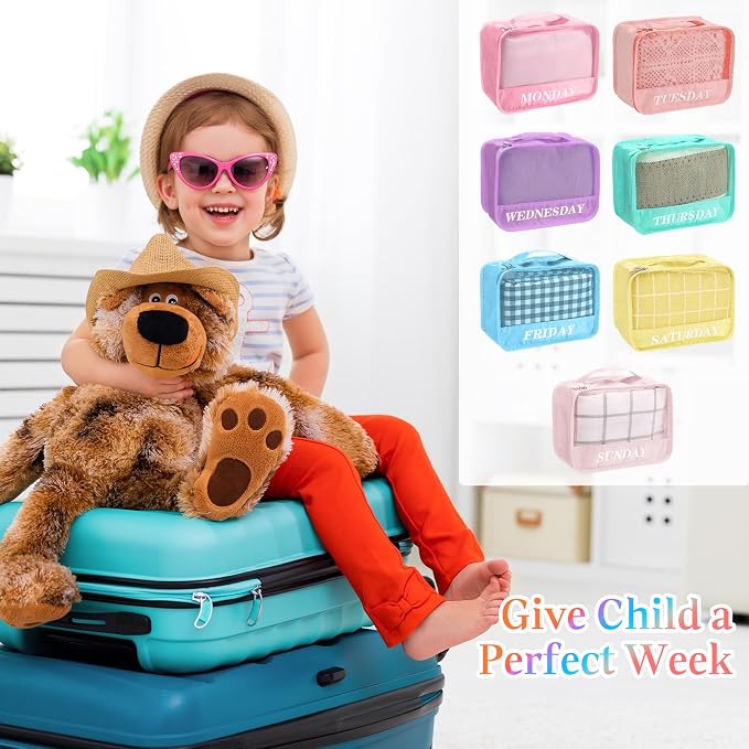 Days of Week Packing Cubes Summer Camp Essentials Weekly Organizer Storage Bag School Clothes for Travel Kids Family(9x7x3inch,Macaron,8) - Image 2