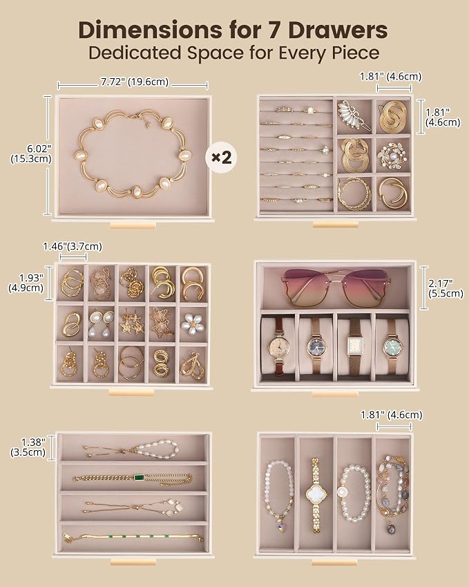Lolalet Large Jewelry Box Organizer for Women, 8-Layer Jewelry Organizers and Storage Case with Mirror & 7 Drawers, Lockable Watch Ring Earring Bracelet Necklace Holder Girls Gift -8Layer, Beige - Image 7